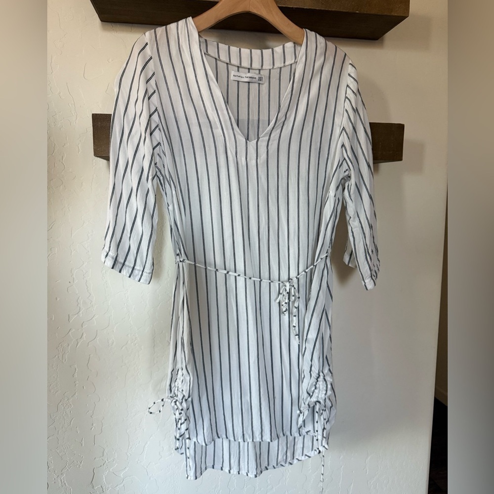 Faithfull the brand|White lightly striped tunic top or beach coverup,& tie waist